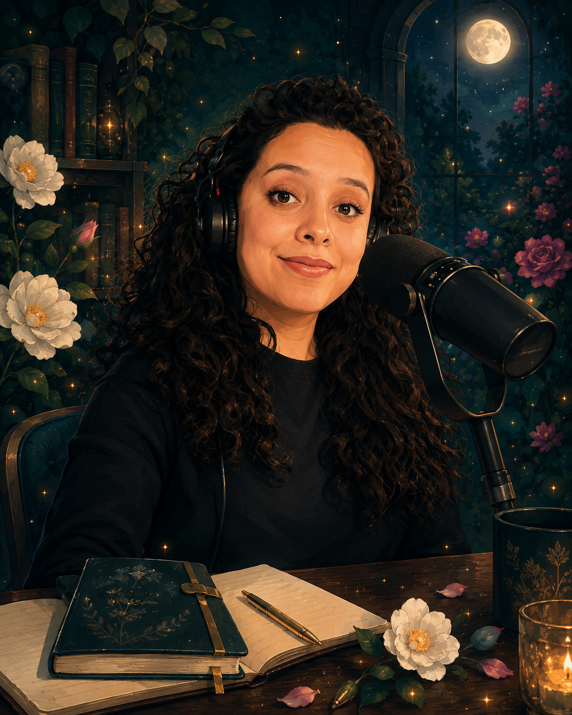 Illustrated portrait of Susy in the Bloom Whispers garden
