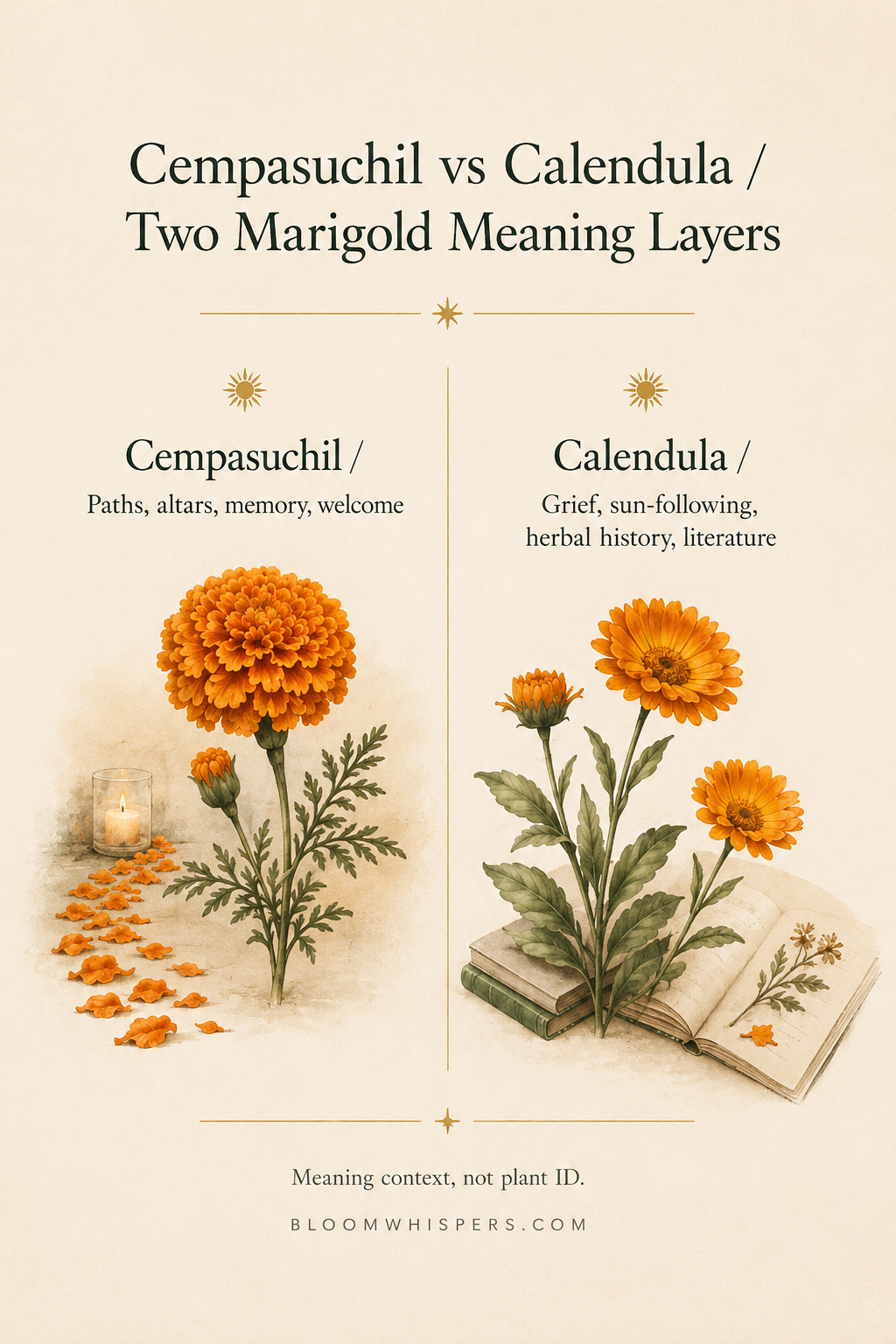 Comparison graphic showing cempasúchil and calendula as two marigold meaning layers, with cempasúchil linked to paths, altars, memory, and welcome, and calendula linked to grief, sun-following, herbal history, and literature.