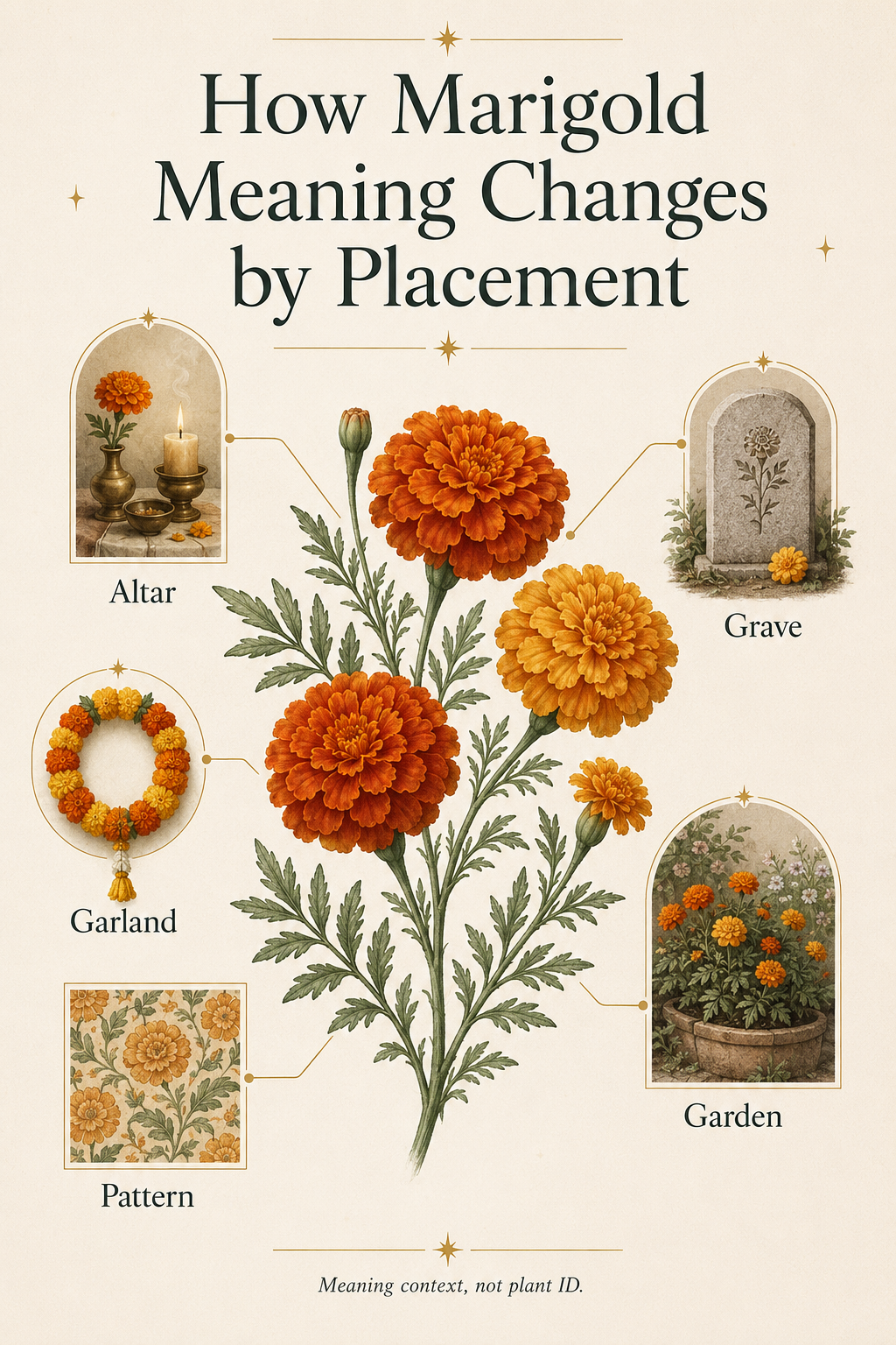 Infographic showing marigold meaning by placement, with altar, grave, garland, garden, and pattern examples around orange and gold marigold flowers.