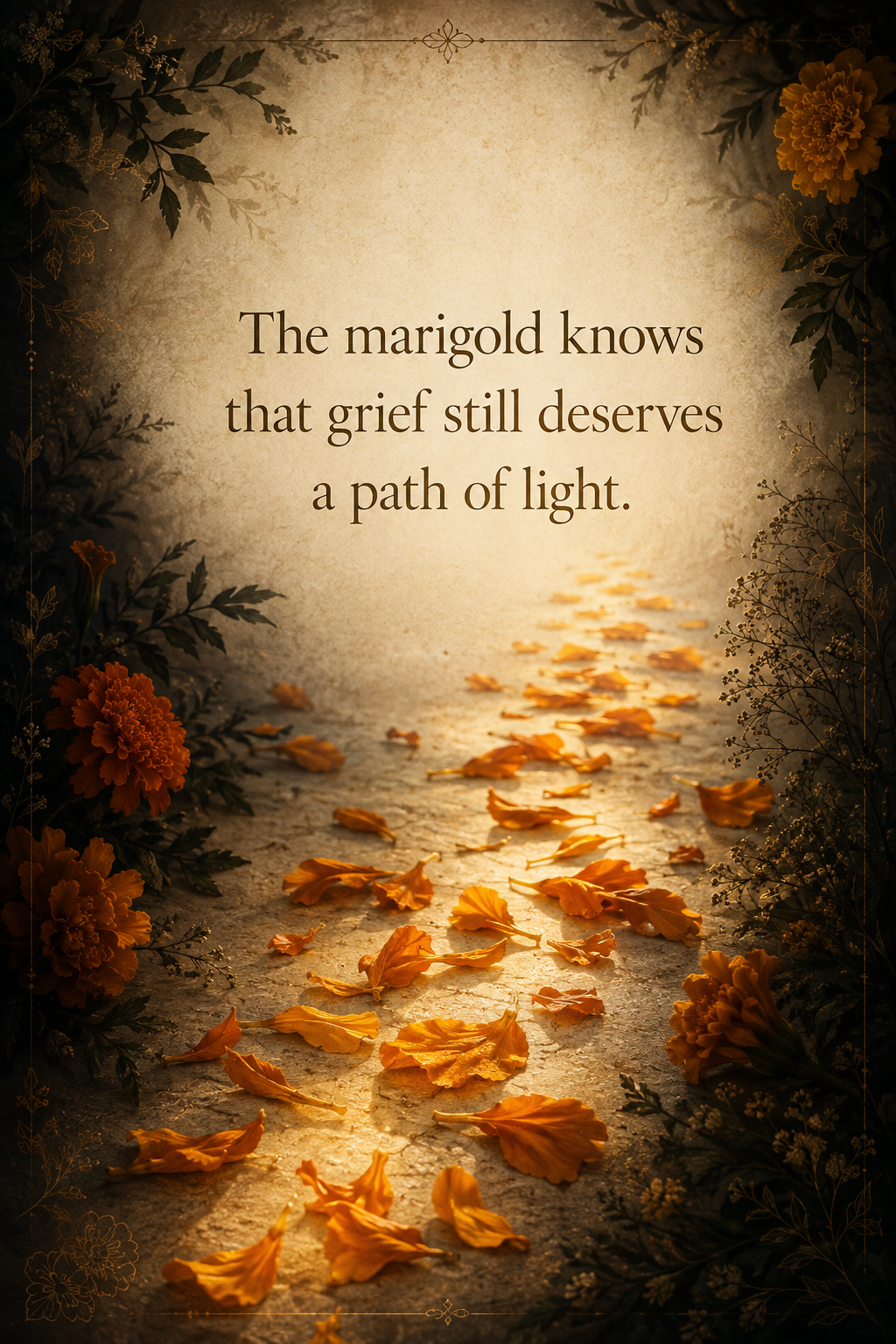 Quote graphic with marigold petals forming a path of light and the words The marigold knows that grief still deserves a path of light.