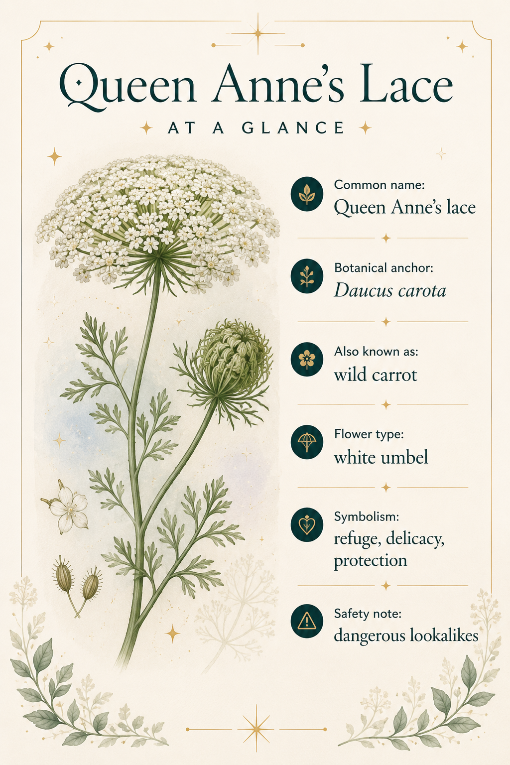 Queen Anne's lace at-a-glance graphic naming the common name, botanical anchor Daucus carota, white umbel flower type, symbolism, and dangerous lookalikes safety note.
