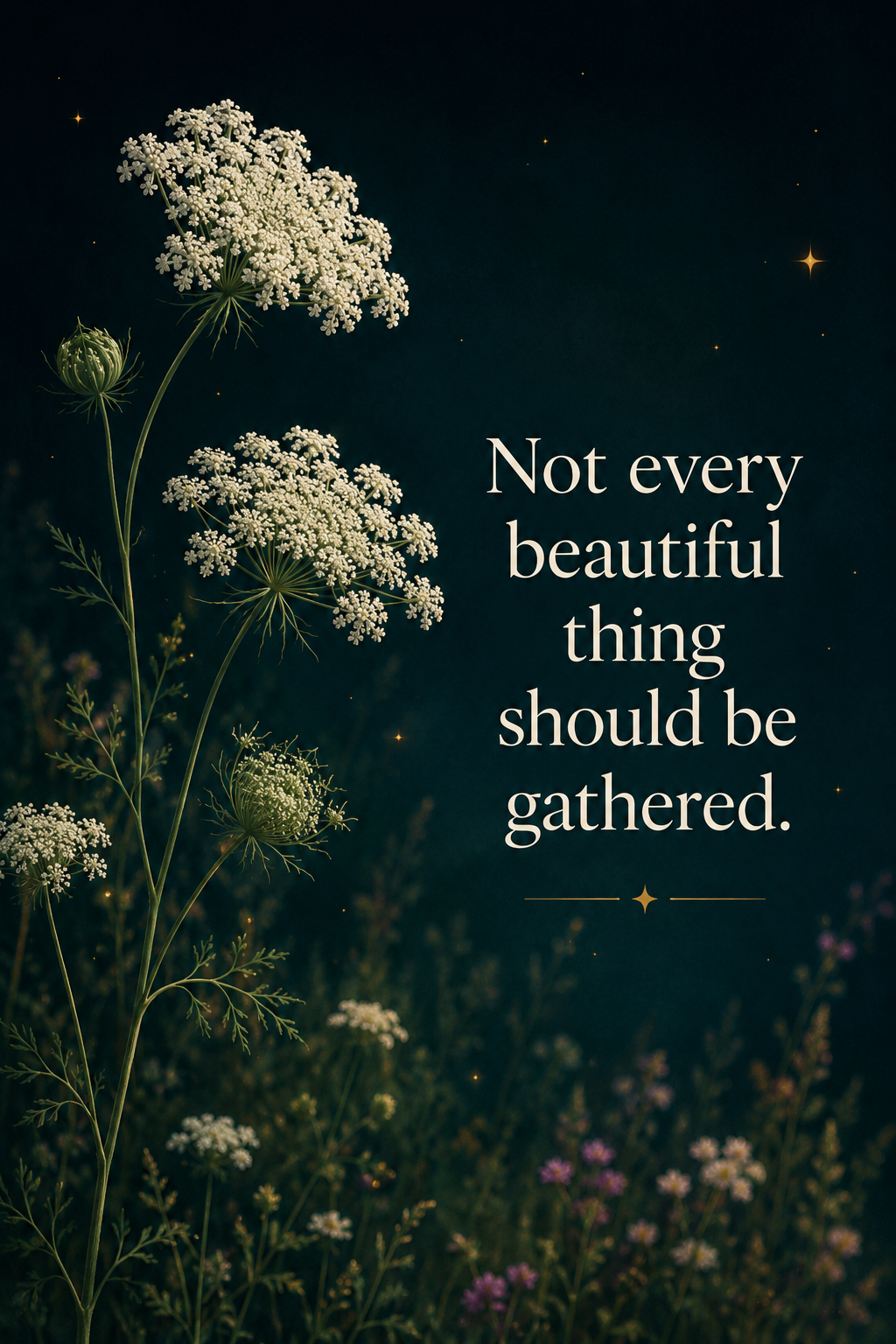 Quote graphic showing Queen Anne's lace in a dark meadow with the words Not every beautiful thing should be gathered.