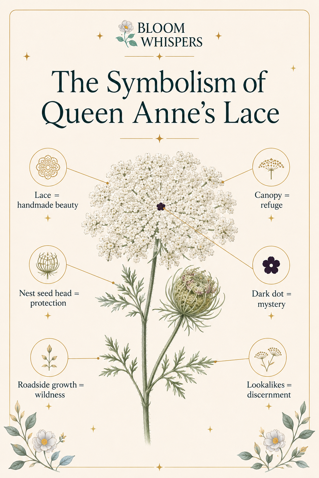 Queen Anne's lace symbolism graphic connecting lace with handmade beauty, the canopy with refuge, the nest seed head with protection, the dark dot with mystery, roadside growth with wildness, and lookalikes with discernment.